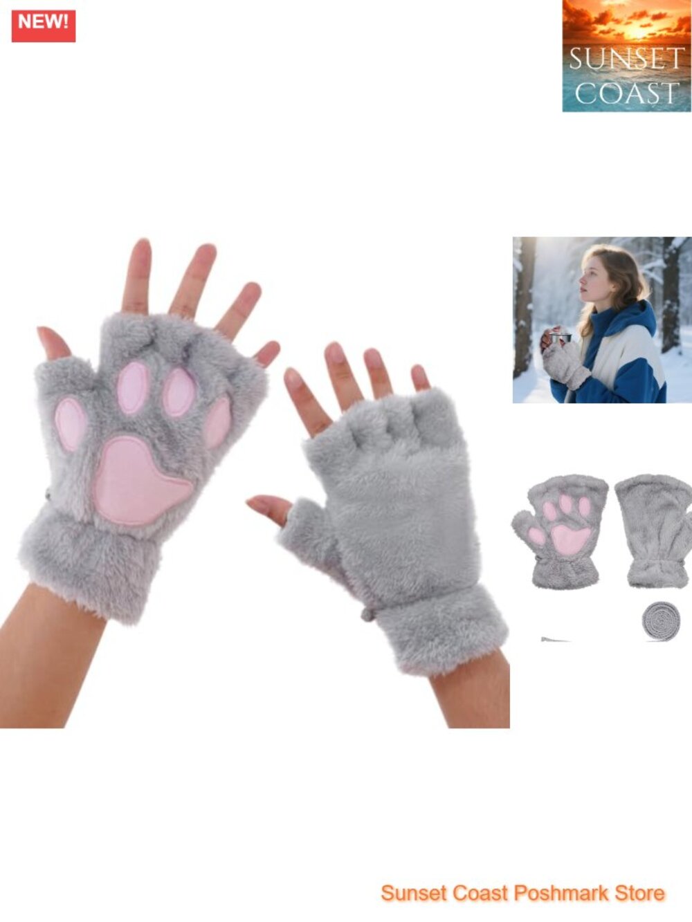 Faux Fur Fingerless Cat Paw Gloves Winter Plush Cosplay Accessory